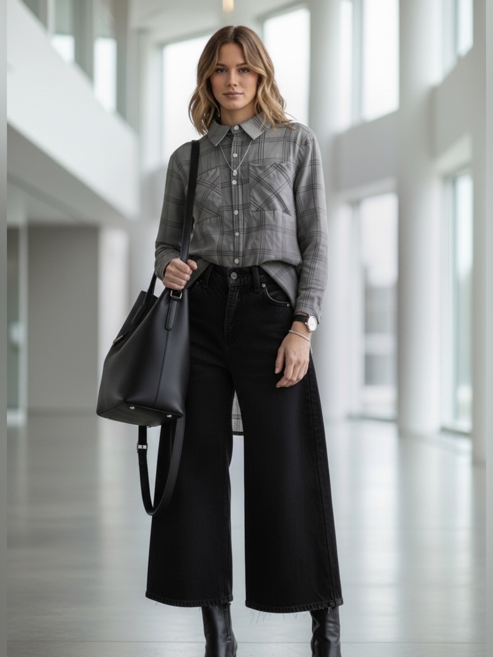 Eileen Fischer Silk Button Down Hem Georgette Crepe Checkered Shirt Dress